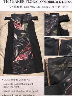 Ted Baker Black Floral One-Shoulder Cold-Shoulder Dress with Rose Gold Zip